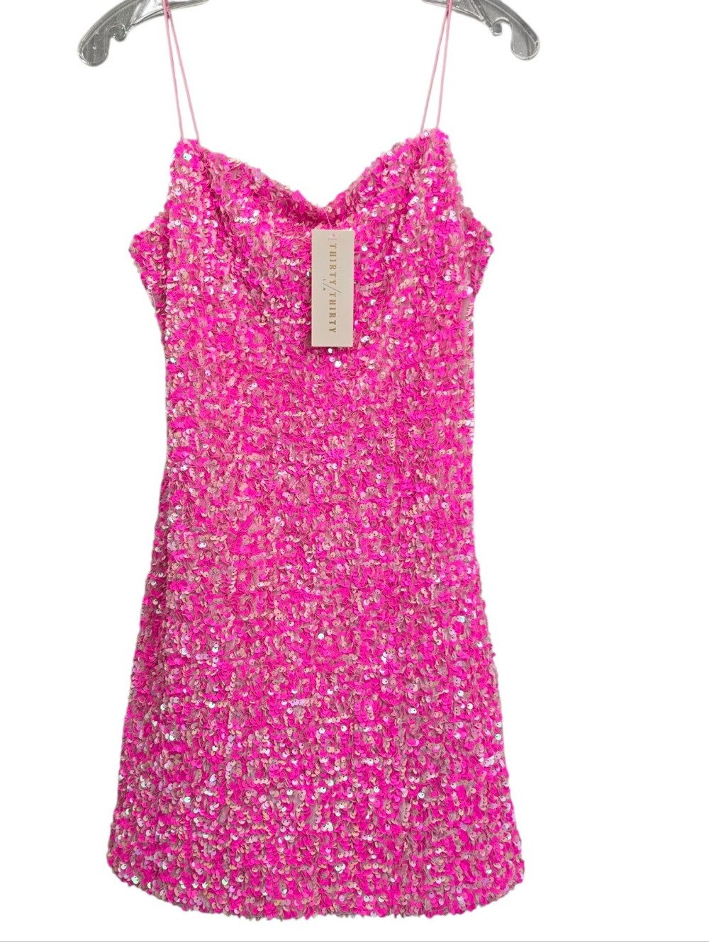 Nwt Thirty Thirty Hot Pink Irredescent Sequin Spahetti Strap Knit Party Dress